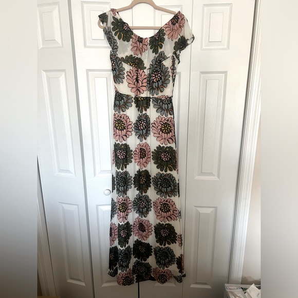 Loft Maxi Dress, size 14 tall, floral print, off shoulder with tie waste accent - Picture 4 of 5
